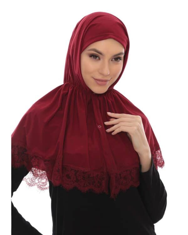 Lace Trim Instant Prayer Hijab – Elegant Burgundy Khimar for Women - Image 1