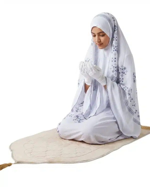 Women’s One-Piece Prayer Dress with Attached Hijab – White with Elegant Blue Embroidery