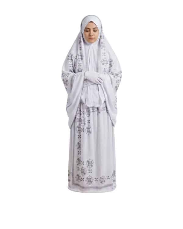 Women’s One-Piece Prayer Dress with Attached Hijab – White with Elegant Blue Embroidery - Image 2