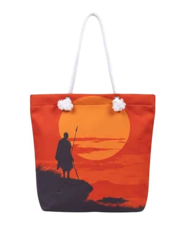African Warrior Tote Bag | Sunset Silhouette Canvas Beach Bag for Women - Image 1