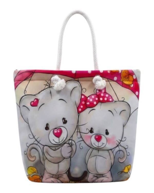 Cute Mouse Couple Tote Bag | Love Heart Canvas Beach Bag for Women - Image 1