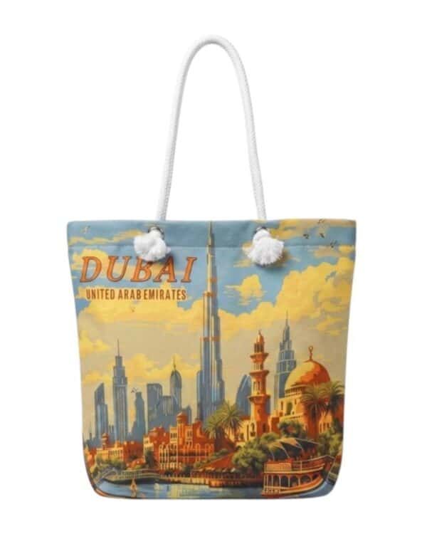 Dubai Skyline Canvas Tote Bag – Vintage Travel Poster Shoulder Bag for Women