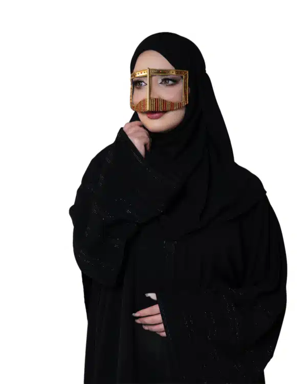 Classic Gold Battoulah Burqa with Red & Gold Beaded Detailing – Emirati Heritage Face Veil - Image 4