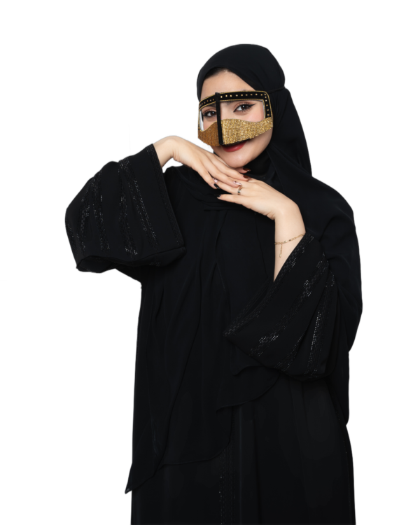 Crystal Rhinestone Burqa Niqab with Black Studded Frame – Sparkling Gulf Face Veil (Gold / Silver) - Image 3