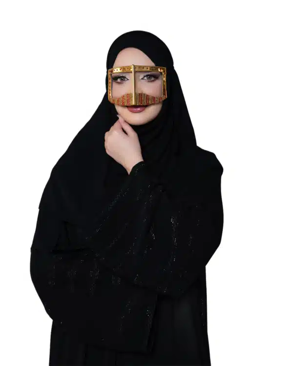 Classic Gold Battoulah Burqa with Red & Gold Beaded Detailing – Emirati Heritage Face Veil - Image 5