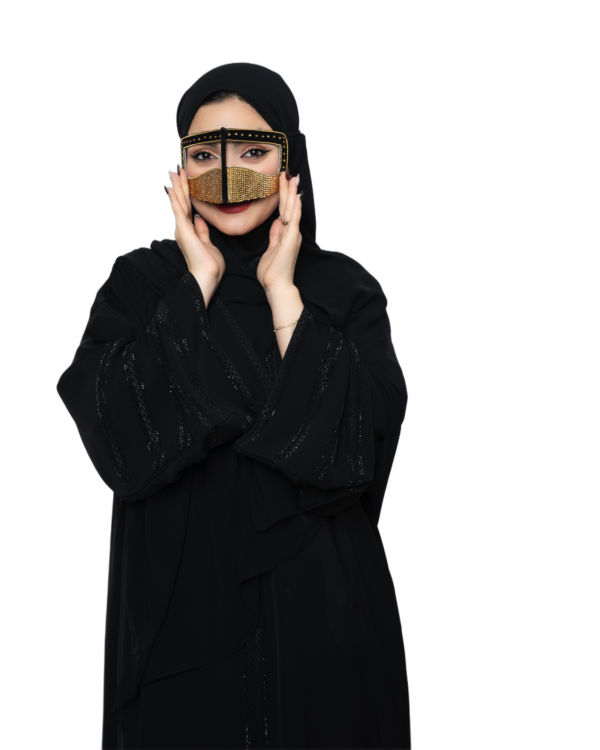 Crystal Rhinestone Burqa Niqab with Black Studded Frame – Sparkling Gulf Face Veil (Gold / Silver) - Image 4