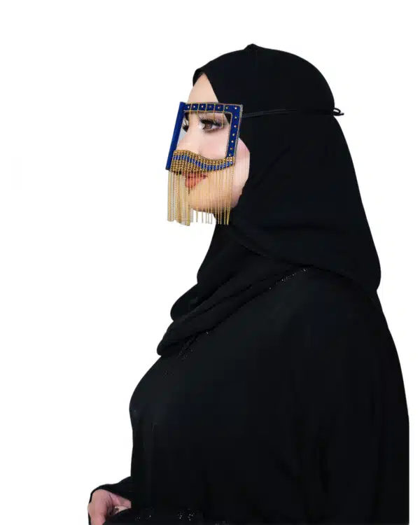 Royal Blue & Gold Beaded Burqa Niqab with Chain Tassel Fringe – Traditional Gulf Face Accessory - Image 3