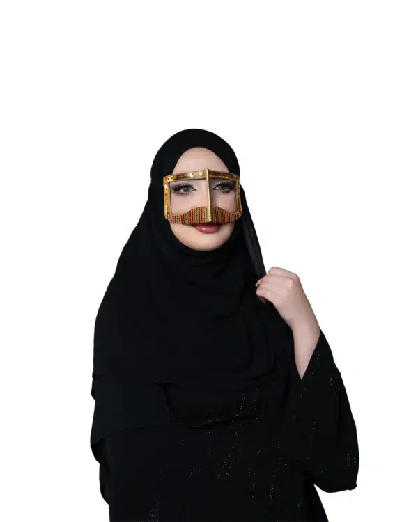 Classic Gold Battoulah Burqa with Red & Gold Beaded Detailing – Emirati Heritage Face Veil - Image 2