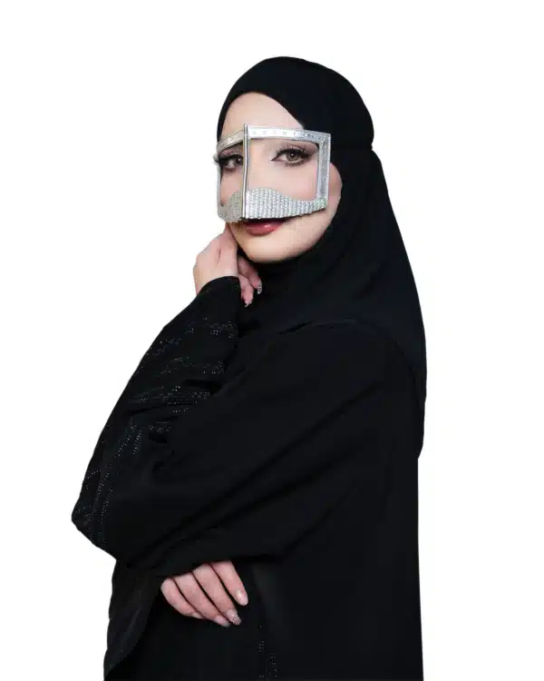 Classic Gold Battoulah Burqa with Red & Gold Beaded Detailing – Emirati Heritage Face Veil - Image 3