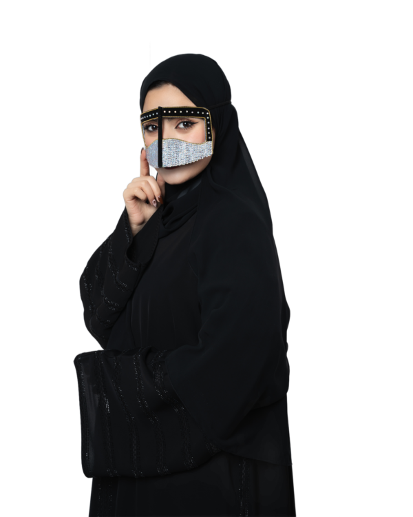 Crystal Rhinestone Burqa Niqab with Black Studded Frame – Sparkling Gulf Face Veil (Gold / Silver) - Image 2