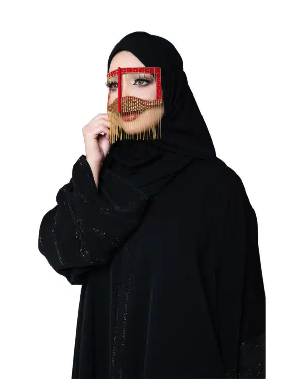 Royal Blue & Gold Beaded Burqa Niqab with Chain Tassel Fringe – Traditional Gulf Face Accessory - Image 2