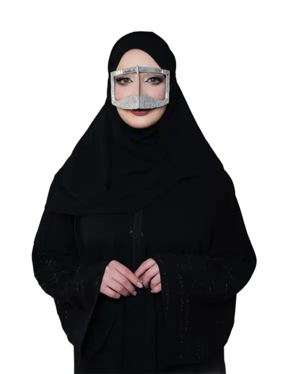 Classic Gold Battoulah Burqa with Red & Gold Beaded Detailing – Emirati Heritage Face Veil - Image 1