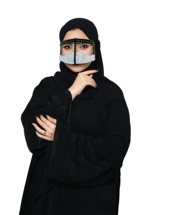 Crystal Rhinestone Burqa Niqab with Black Studded Frame – Sparkling Gulf Face Veil (Gold / Silver)