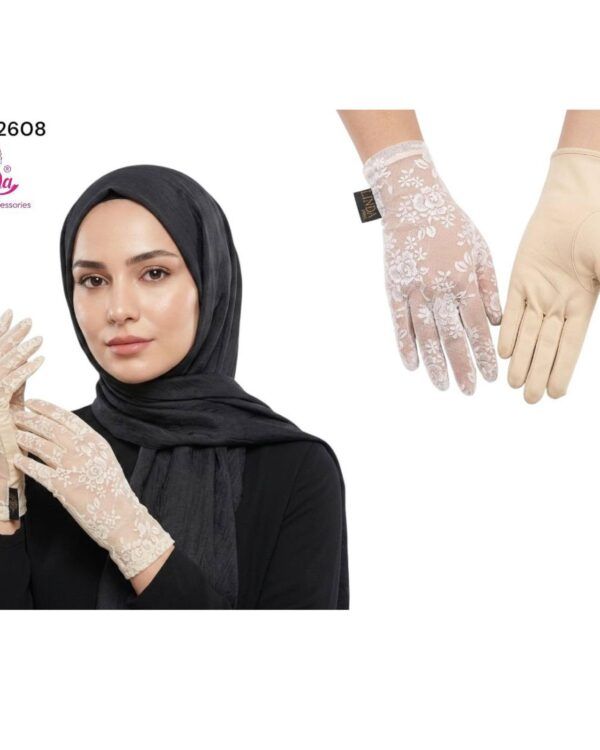 Women's Elegant Floral Lace Gloves – Soft Beige - Image 1