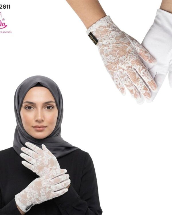 Women's Floral Lace & Cotton Gloves Set – White - Image 1