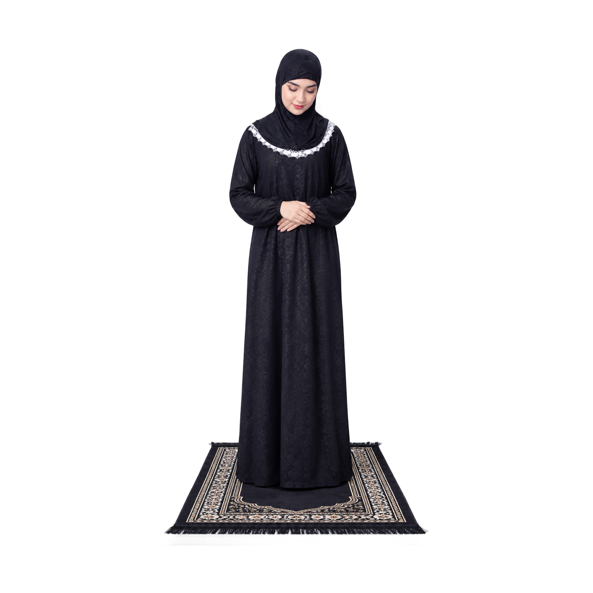 Serene Black Abaya on Prayer Rug