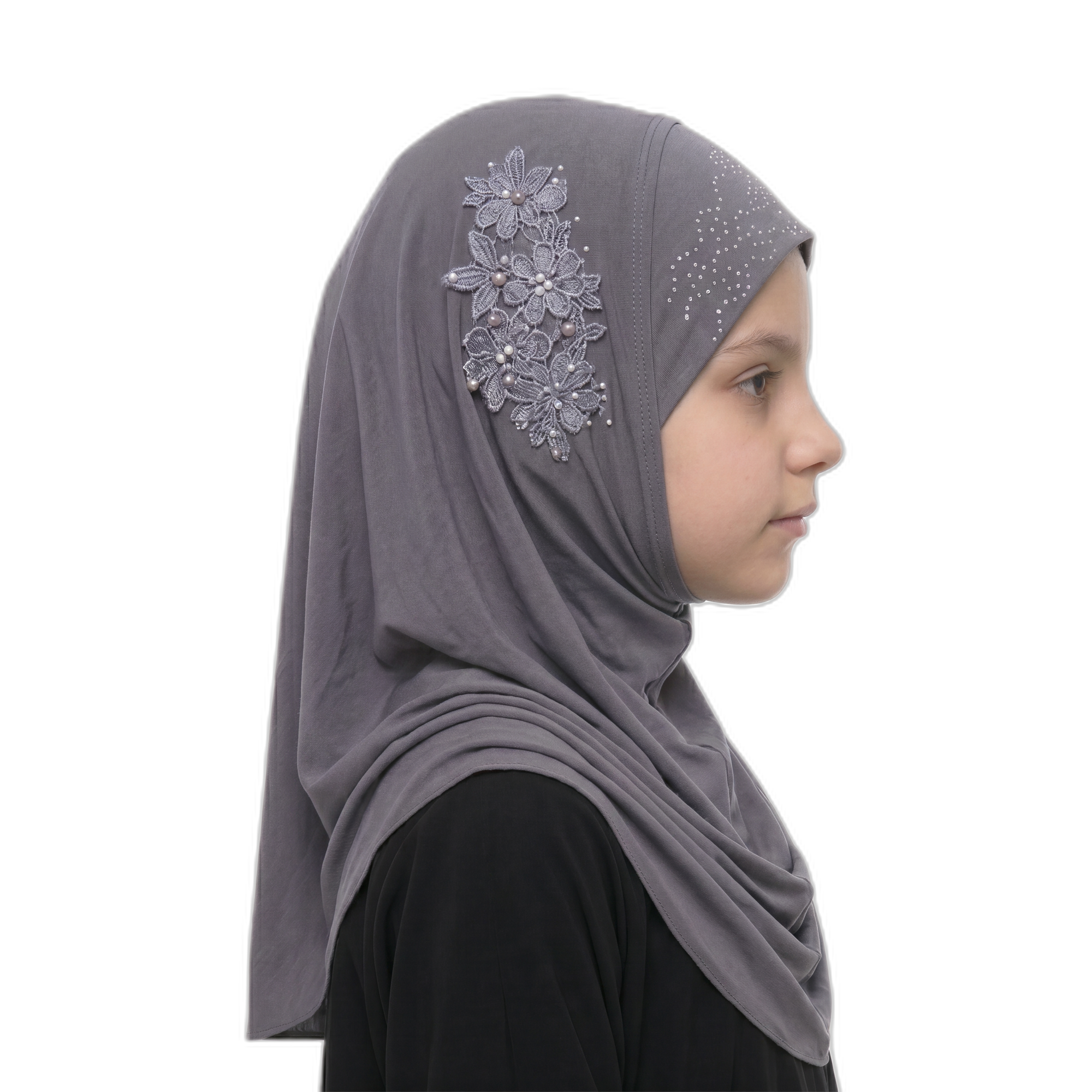 Girls' Floral Applique Instant Hijab – Slate Grey