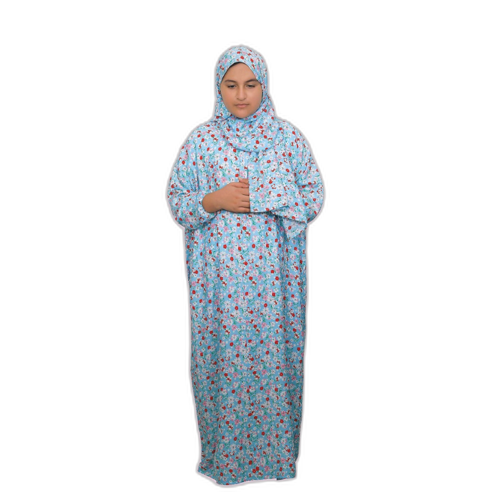 Girls Prayer Dress with Attached Hijab – Sky Blue Floral Print One-Piece Namaz Set, Soft Lightweight Fabric