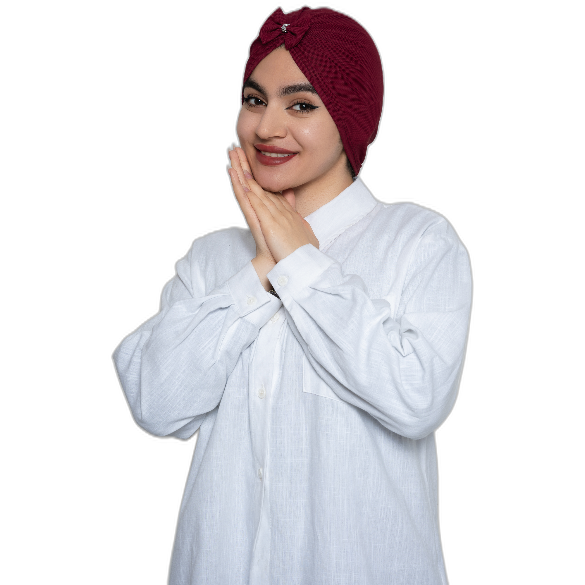 Women’s Maroon Turban Cap – Pre-Tied with Bow & Rhinestone