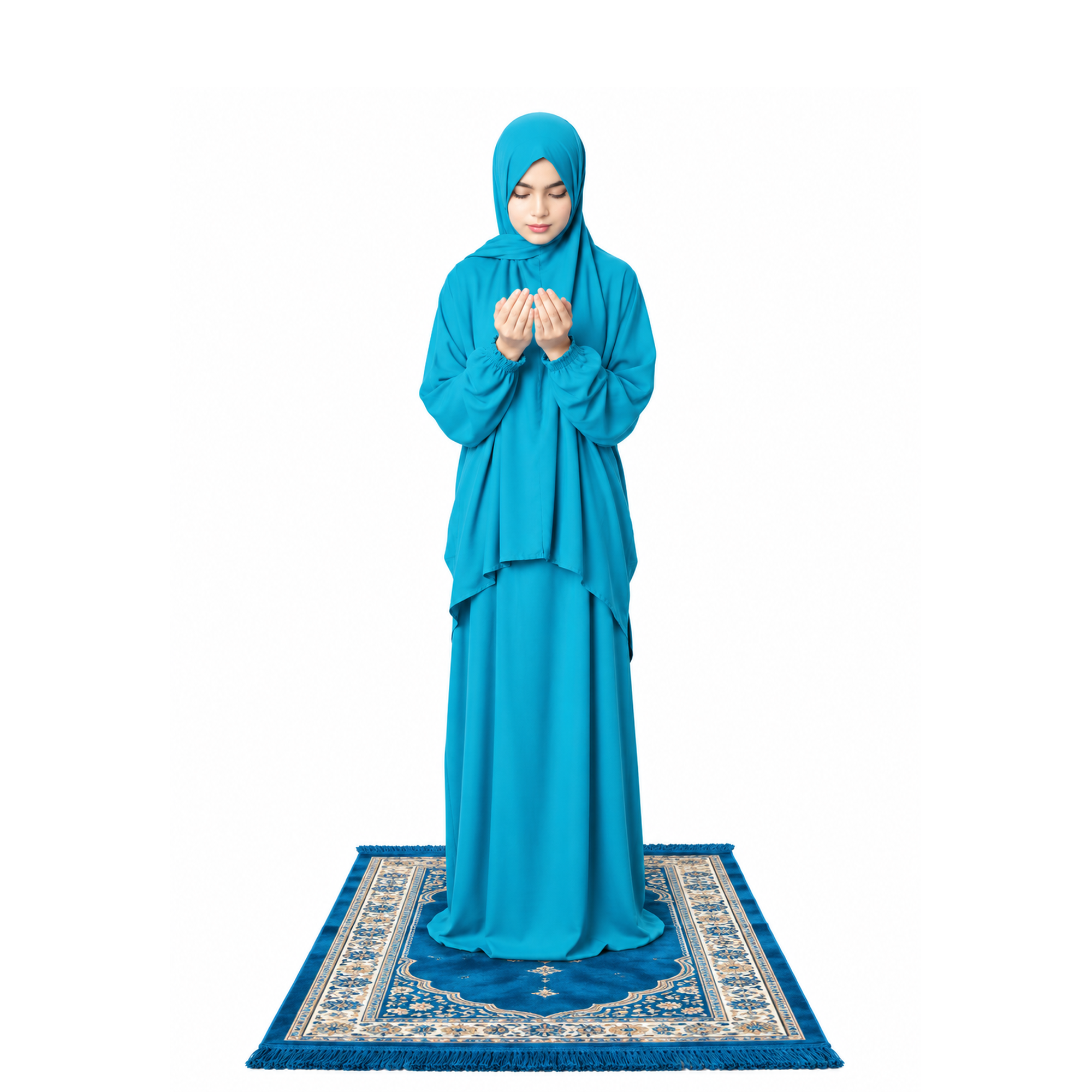 Girl’s Two-Piece Prayer Set with Hijab Top & Skirt – Turquoise Blue Namaz Dress, Full Coverage