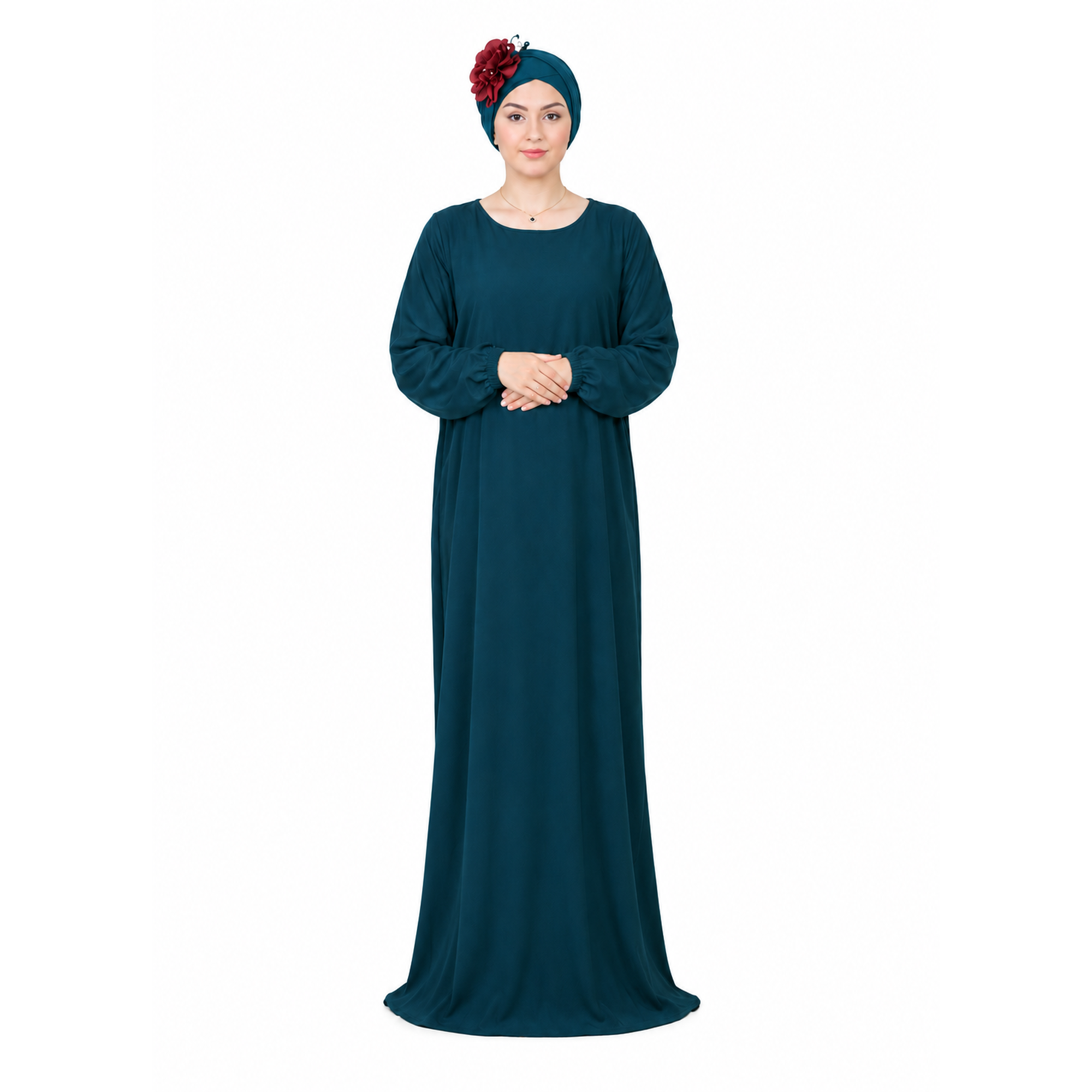 Elegant Teal Hijab Portrait with Burgundy Flower