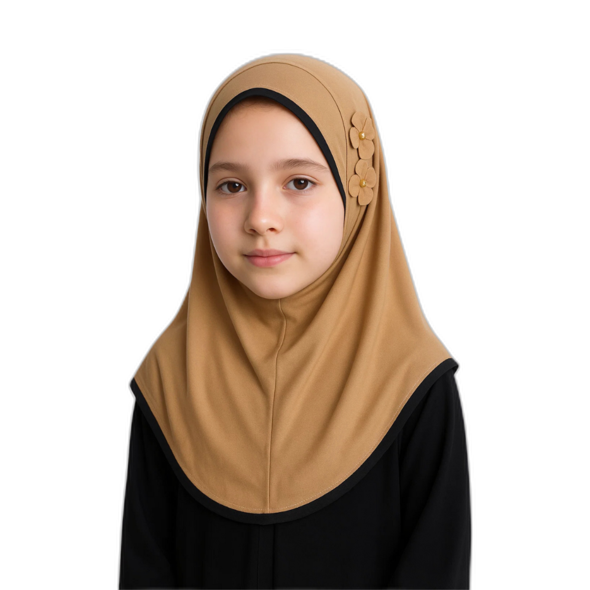 Girls' Floral Button Instant Hijab – Golden Tan