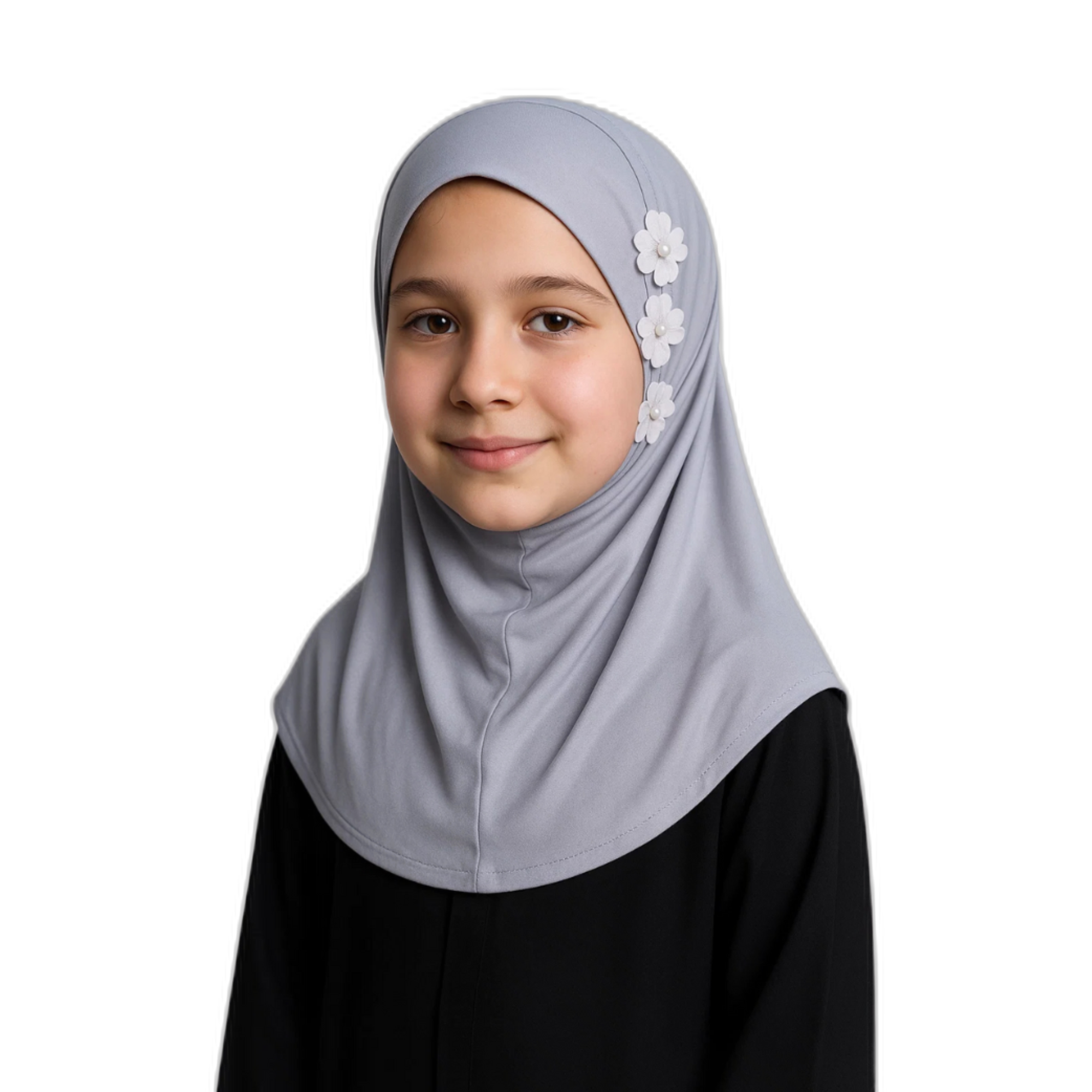 Girls' Floral Applique Instant Hijab – Silver Grey