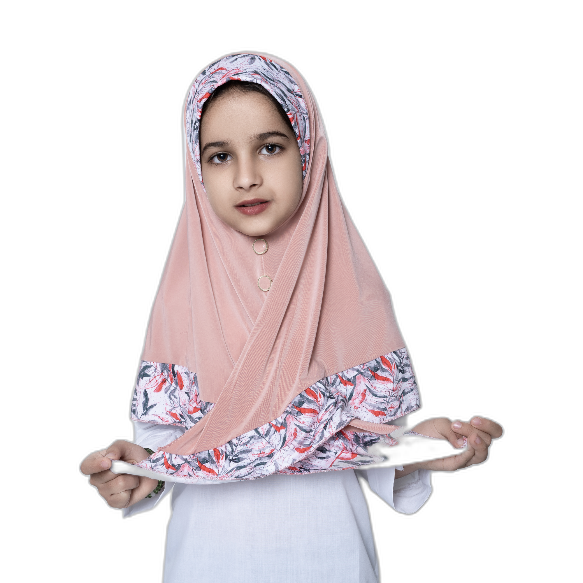 Girls' Floral-Border Instant Hijab – Blush Pink