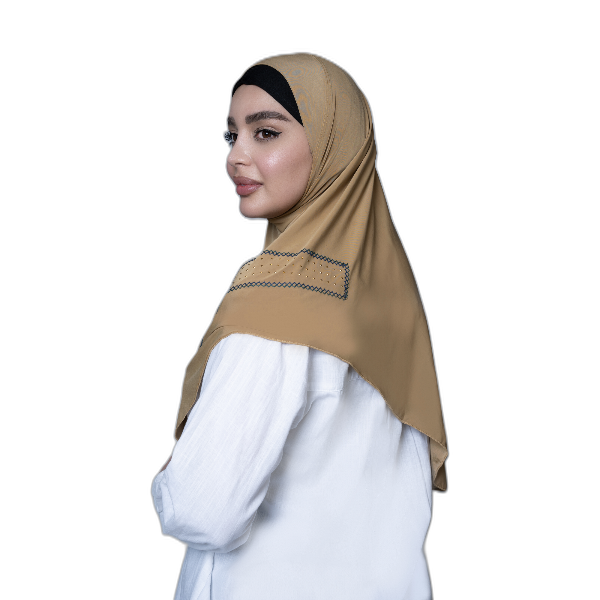 Women's Embroidered Border Instant Hijab – Golden Beige