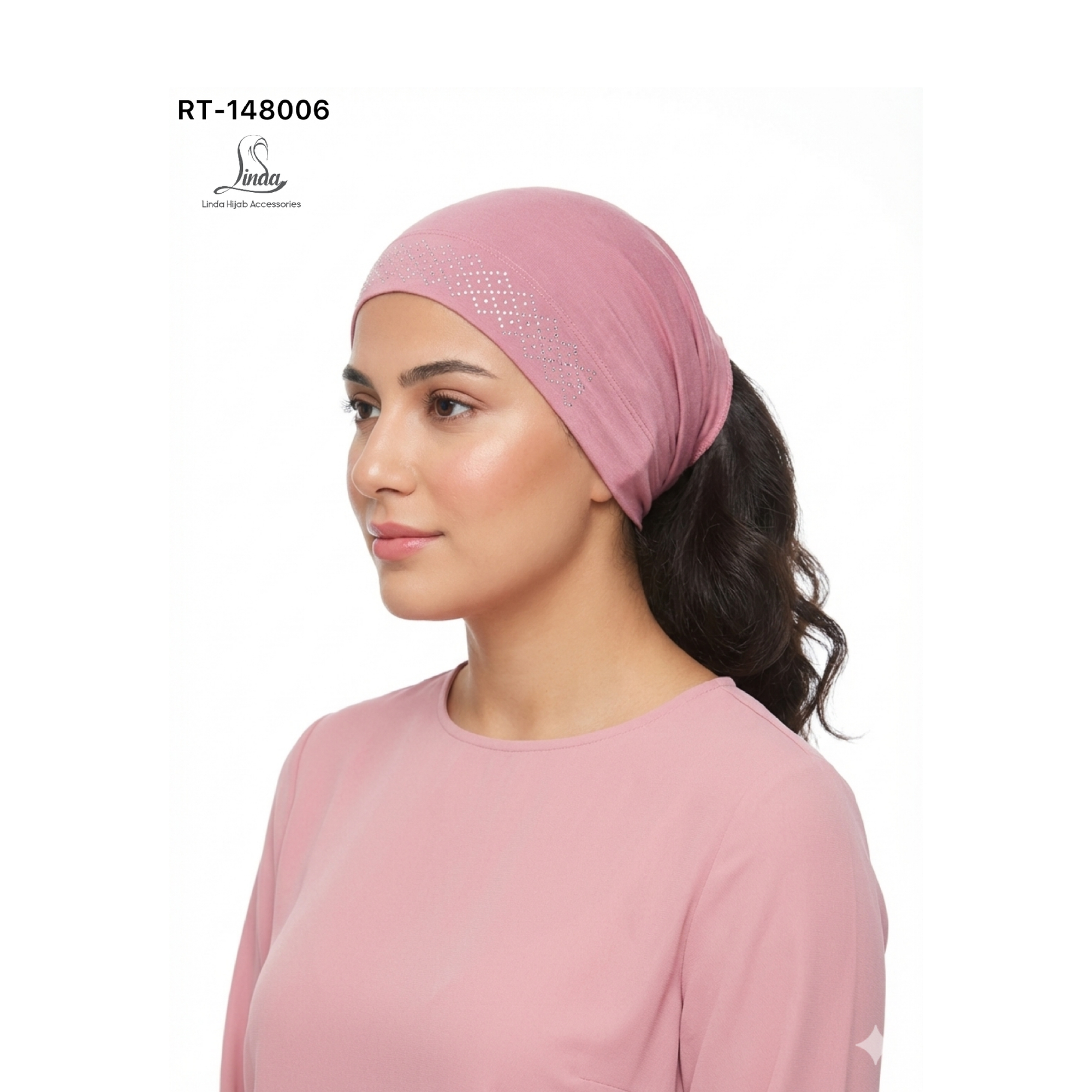 Women’s Rhinestone Ponytail Under Scarf Cap – Dusty Pink Stretch Hijab Cap with Sparkle Diamond Design, Open Back for Bun & Ponytail