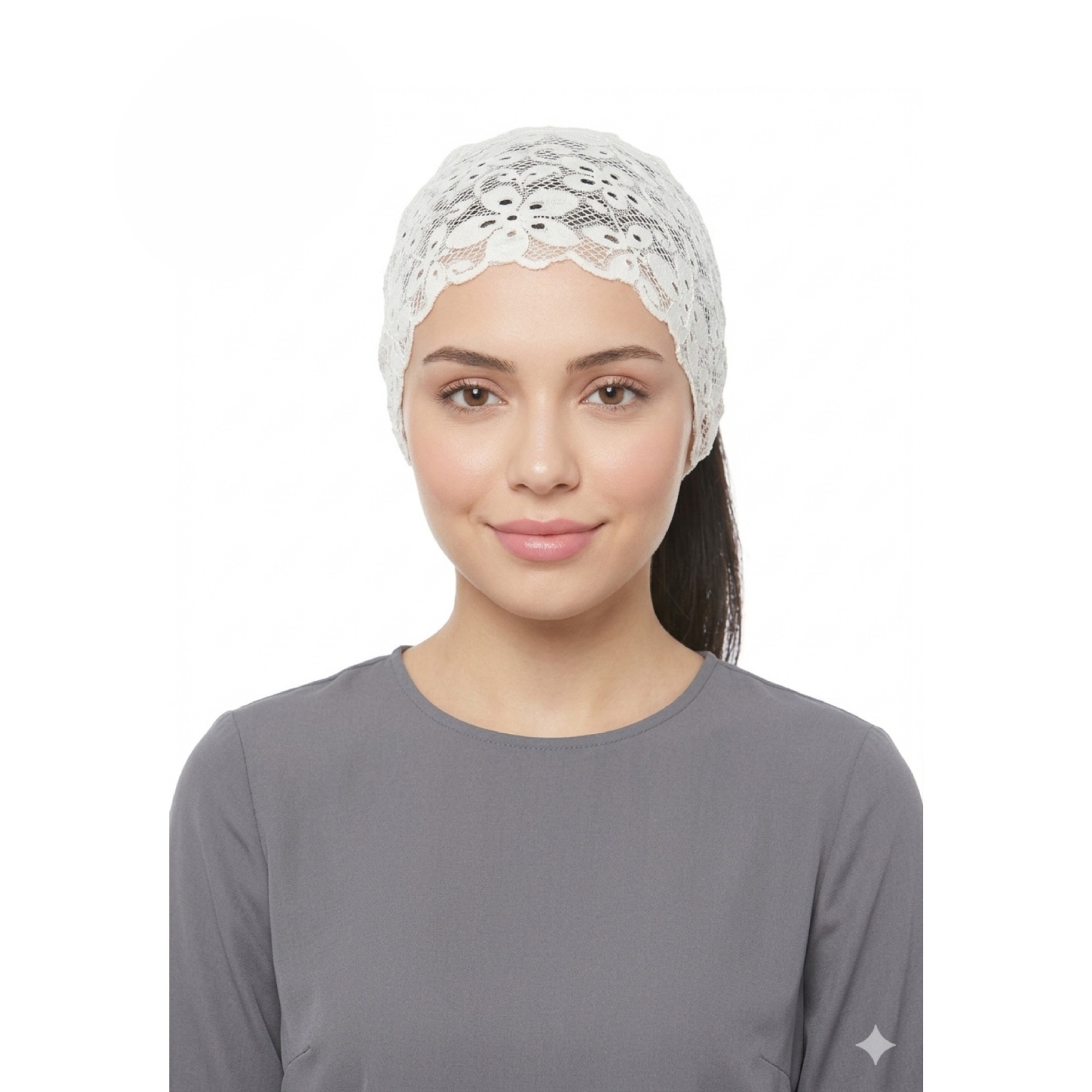 Women’s Floral Lace Under Scarf Cap – Ivory Lace Hijab Cap with Scalloped Edge, Open Back for Ponytail & Bun