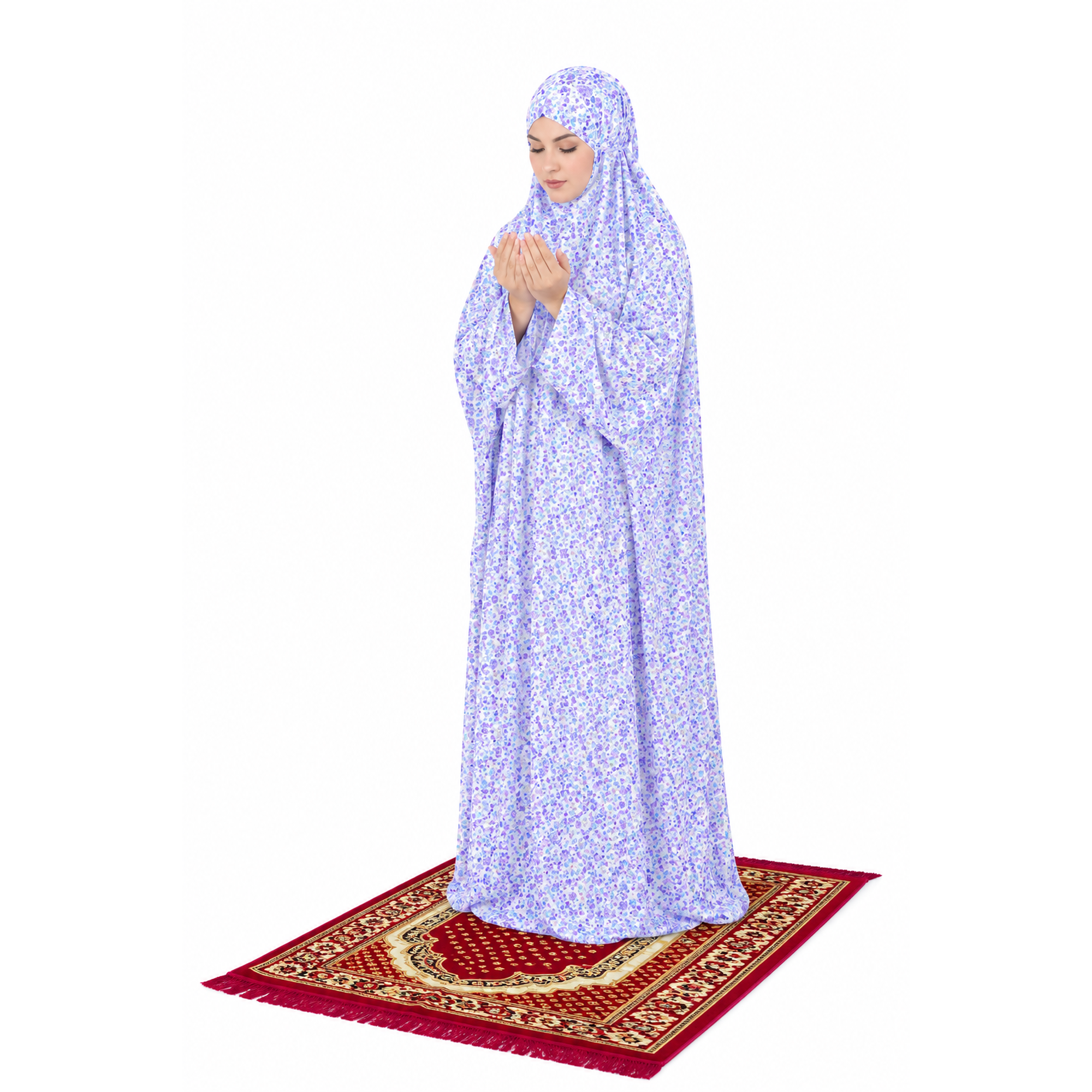 Serene Floral Prayer on a Burgundy Rug