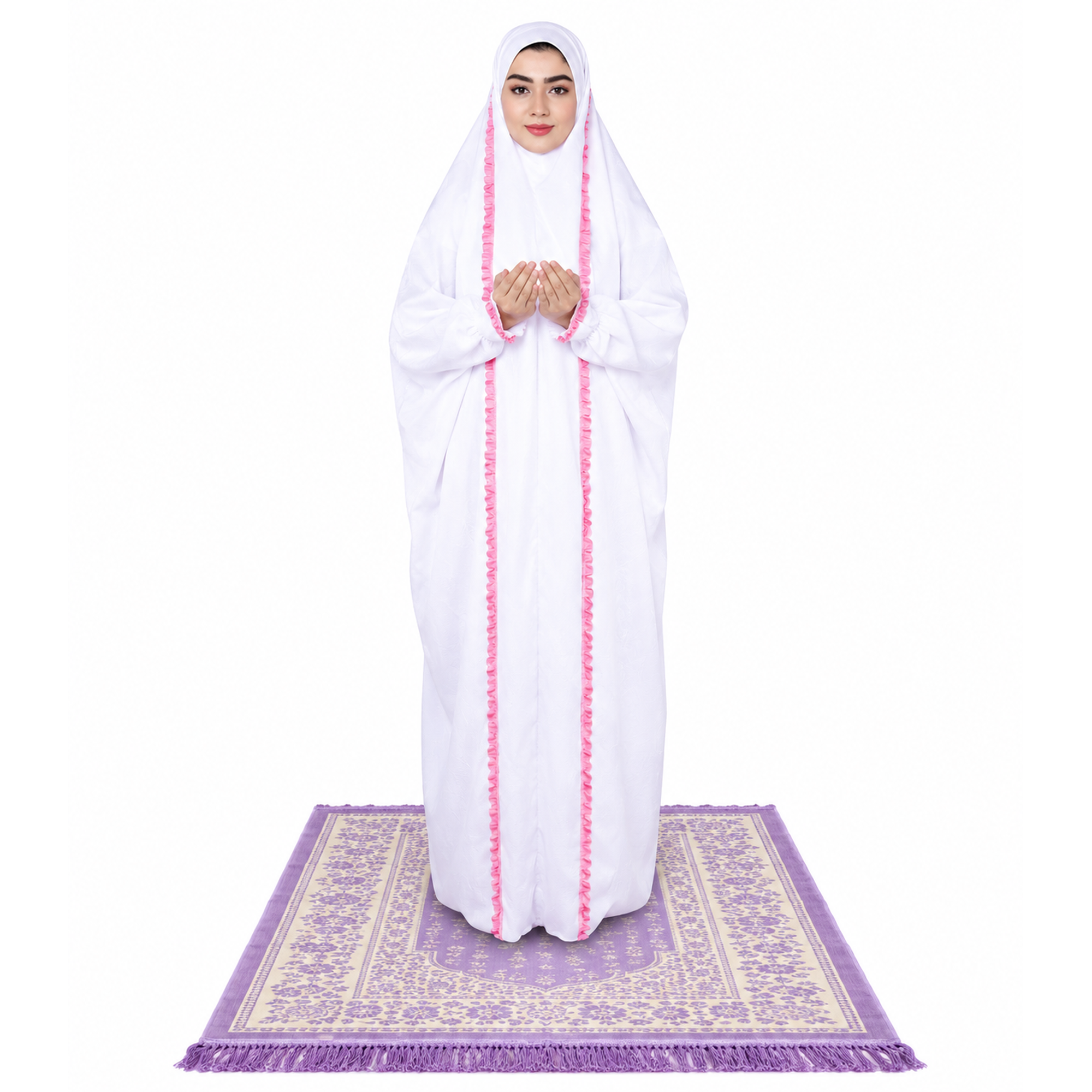 Serene Woman in Pink-Trimmed Prayer Garment