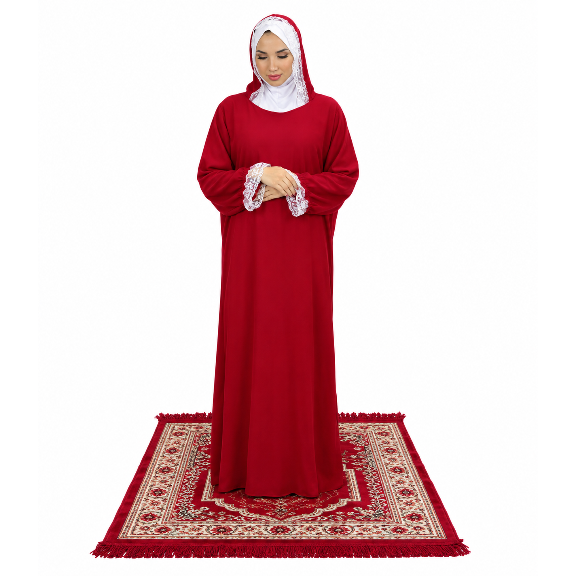 Women’s Red Prayer Dress with Attached Hijab – Lace Trim