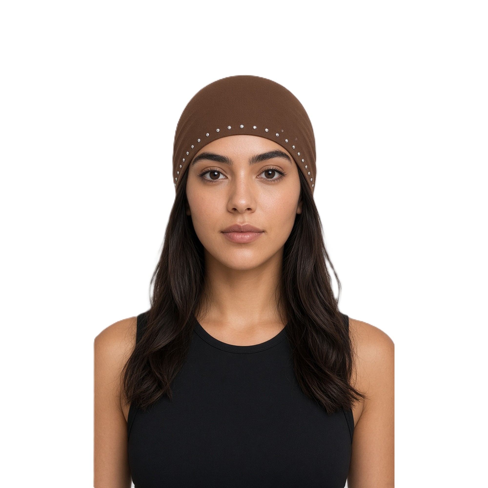 Chocolate Brown Rhinestone Indoor Turban for Women – Wide Stretch Headband Cap | Linda Hijab
