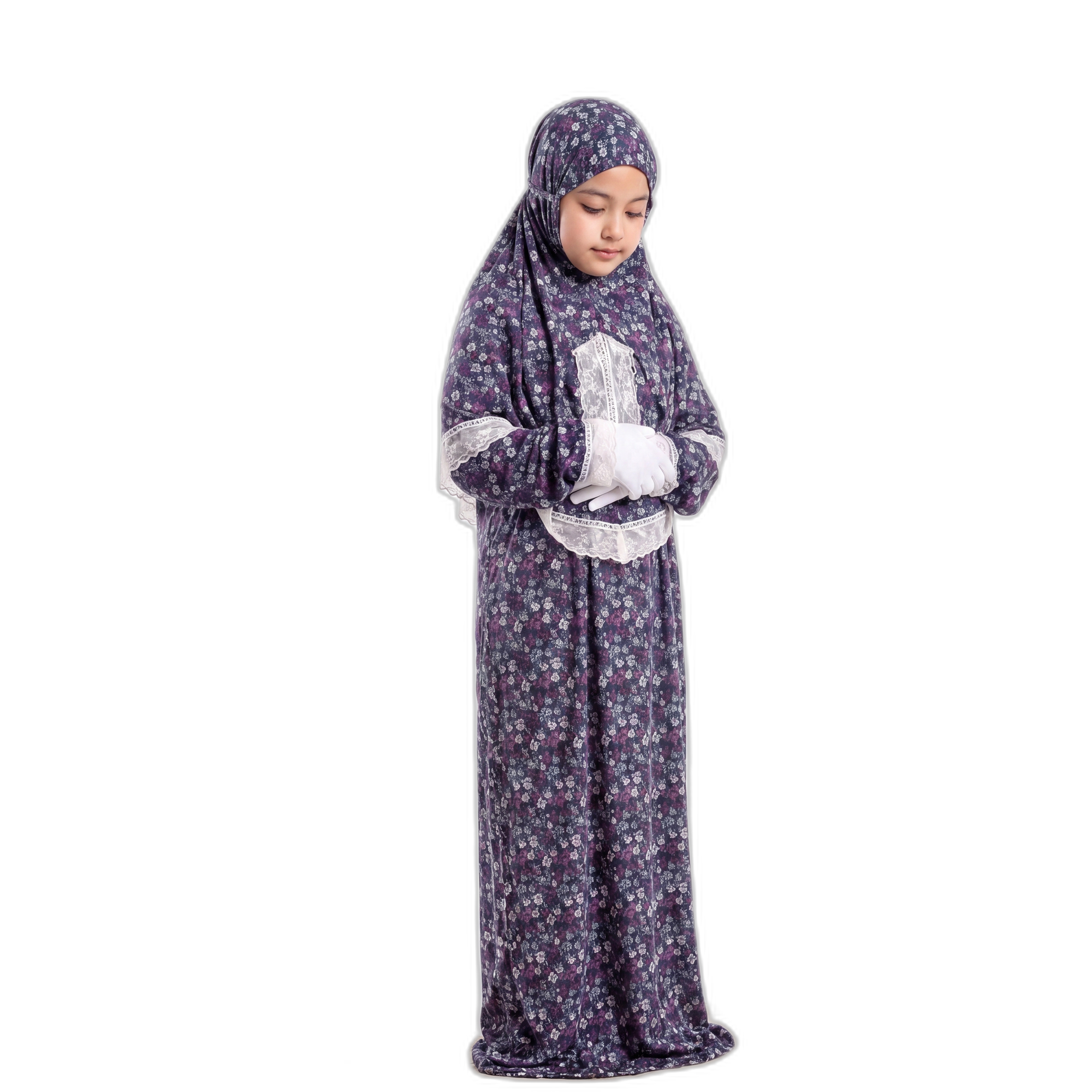 Girls Prayer Dress with Attached Hijab – Purple Floral Print Namaz Set with Lace Detailing & Gloves