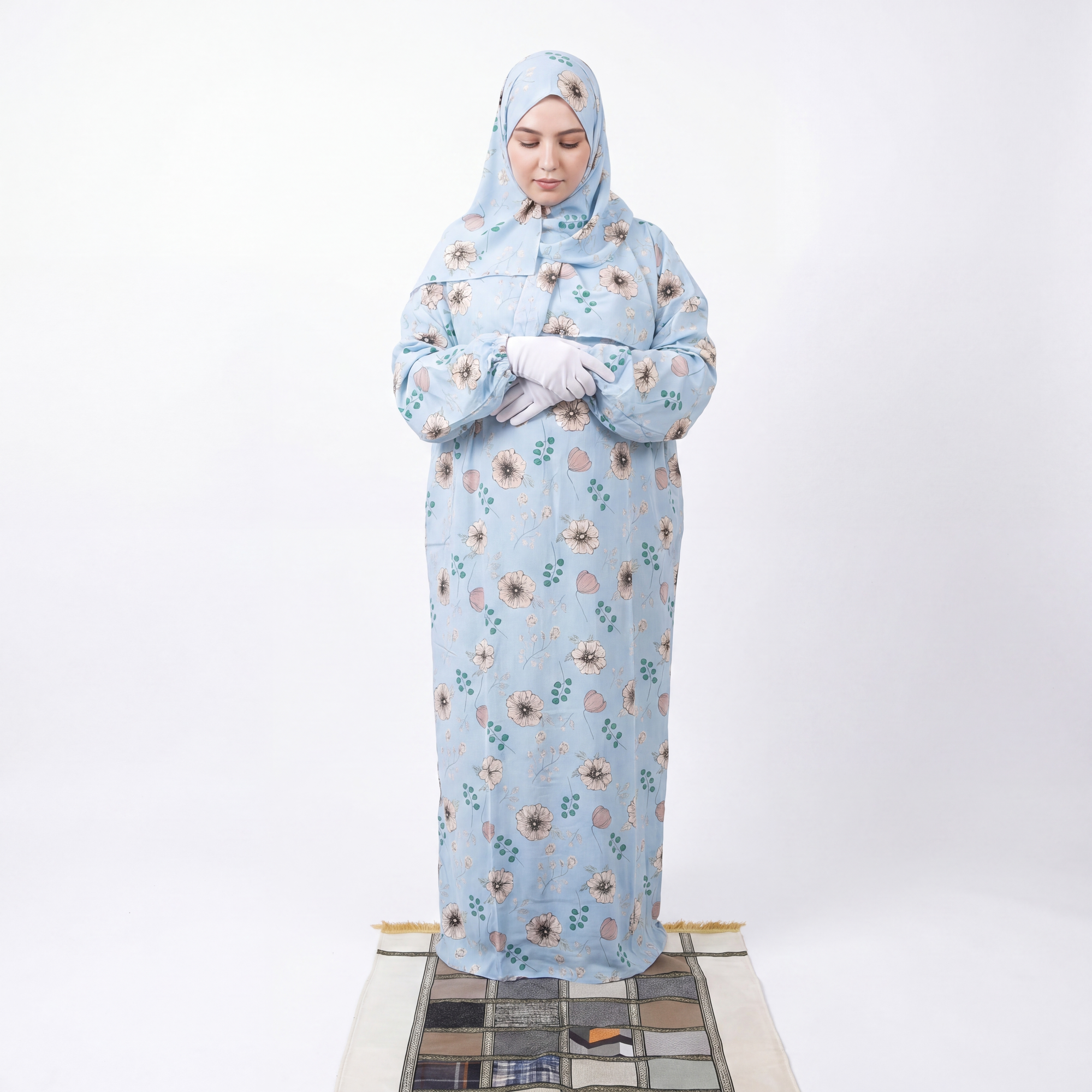 Linda Women’s Prayer Dress with Attached Hijab – Blue Floral